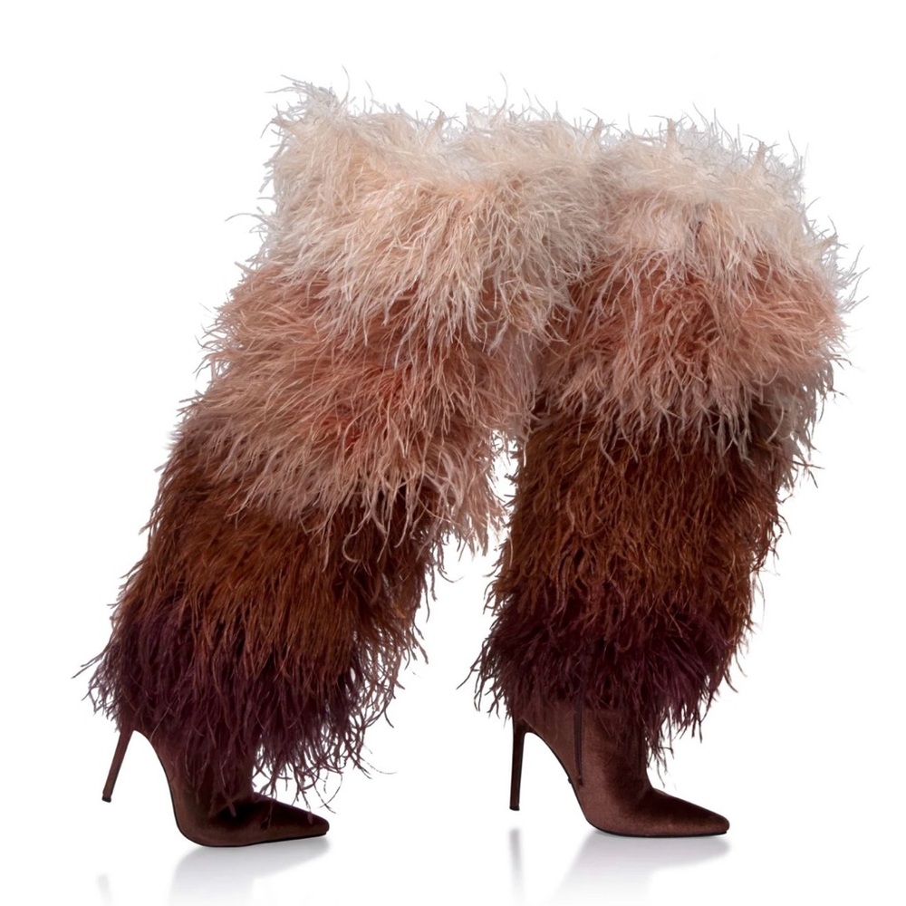 Elegant Feathered Heeled Boots - Brown and Cream